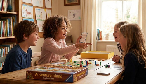 Младшие школьники увлеченно обсуждают правила настольной игры на англи