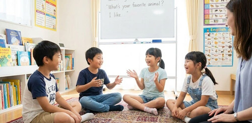 Группа детей в кругу практикует разговорный английский в формате диало